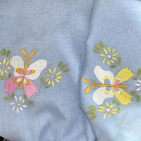 Vintage 40s 50s blue handcrafted embroidered linen Mexican shift dress mod sz XL - Picture 7 of 12